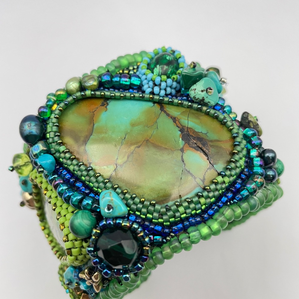LARGE Beaded Turquoise Boho Cuff Bracelet Adjustable Statement Chunky Bracelet - Picture 14 of 17